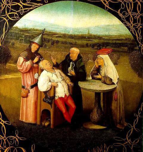 ''თავის ოპერაცია'' (სიბრიყვის ქვის ამოღება)-ჰიერონიმუს ბოსხი (1501)