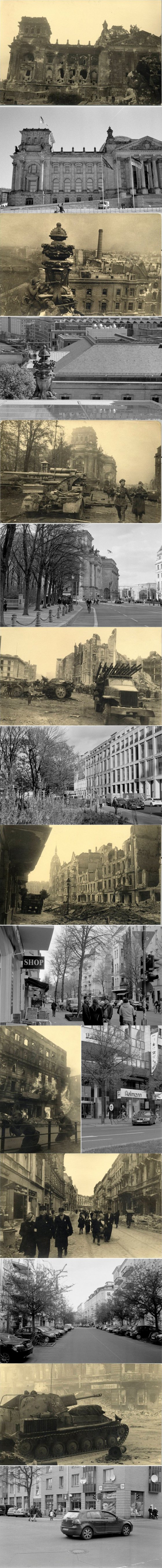 ბერლინი ნანგრევებში 1945 წელს და დღეს-ერთი და იგივე ადგილის ფოტოები